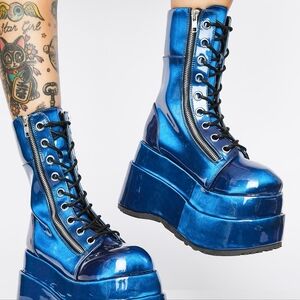 Demonia Boots 265 lace-up mid-calf boots in blue-purple shifting vinyl